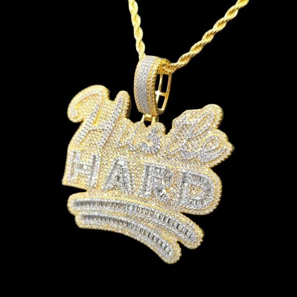 14K Yellow Gold Finish Hustle Hard  - Free 24inch x 3mm Rope Chain. - Picture 3 of 8